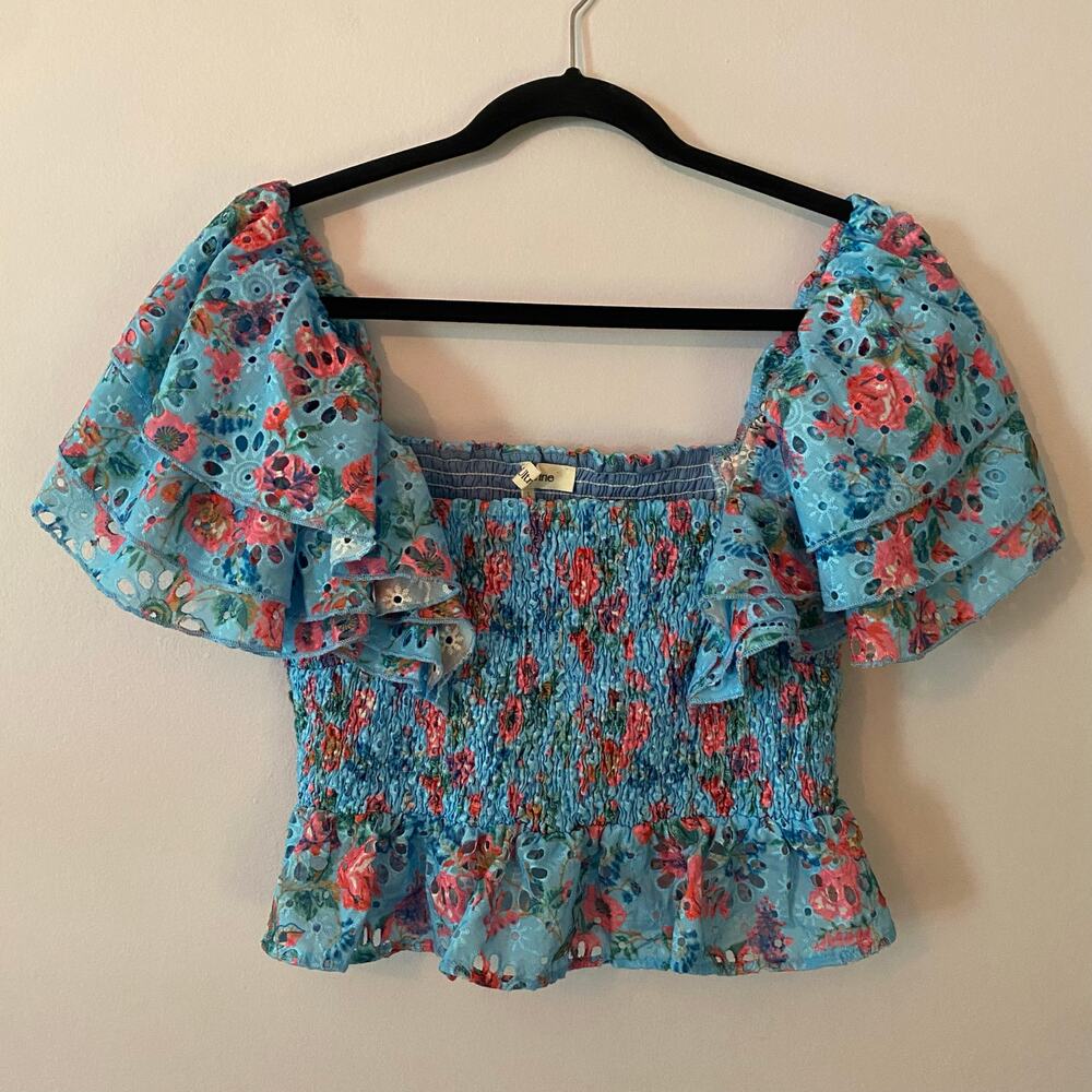 Ultramarine Blue Pink Floral Smocked Eyelet Blouse Cropped Ruffle Women's Large